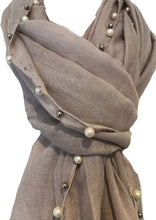 Load image into Gallery viewer, Pamper Yourself Now Beige with Beads and Pearls with Frayed Edge Long Soft Scarf/wrap