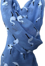 Load image into Gallery viewer, Pamper Yourself Now Blue with White Standing up Flamingo Long Scarf/wrap with Frayed Edge