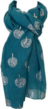 Load image into Gallery viewer, Pamper Yourself Now Teal with Silver Foiled Mulberry Tree Design Ladies Scarf/wrap. Great Present for Mum, Sister, Girlfriend or Wife.