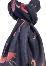 Load image into Gallery viewer, Navy with watercolour flamingo scarf with frayed edge long soft scarf