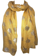 Load image into Gallery viewer, Pamper Yourself Now Mustard with Silver Foiled Mulberry Tree Design Ladies Scarf/wrap. Great Present for Mum, Sister, Girlfriend or Wife.