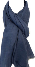 Load image into Gallery viewer, Blue plain soft long Scarf/wrap with frayed edge