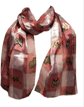 Load image into Gallery viewer, Pink dog scarf with a square design and different dog breeds