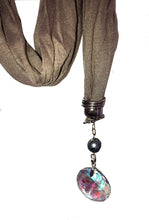 Load image into Gallery viewer, Brown Jeweled Scarf with Crystal pendents on Each end. Lovely for Evening wear