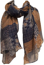 Load image into Gallery viewer, Pamper Yourself Now Brown with Blue Patchwork Design Soft Long Scarf/wrap
