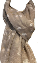 Load image into Gallery viewer, Pamper Yourself Now Beige with White Embroidered Flowers and Leaf Design Long Scarf/wrap with Frayed Edge