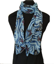 Load image into Gallery viewer, Sky Blue with Blue Zebra Animal Print with Butterflies Chiffon Style Thin Scarf.