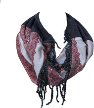 Load image into Gallery viewer, Pink and grey funky snood with diamond design finish and small tassels