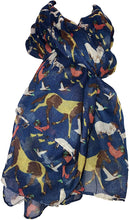 Load image into Gallery viewer, Blue Farmyard Animals Horses, Sheep, Lambs, Chickens and Geese Scarf/wrap