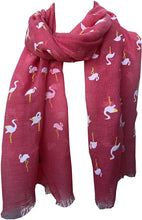 Load image into Gallery viewer, Pamper Yourself Now Coral with White Standing up Flamingo Long Scarf/wrap with Frayed Edge