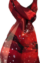 Load image into Gallery viewer, Pamper Yourself Now Red with Snowflakes and Santa on a Sledge Design Thin Pretty Christmas Scarf
