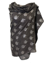 Load image into Gallery viewer, Pamper Yourself Now Dark Grey with Silver Foiled Mulberry Tree Design Ladies Scarf/wrap. Great Present for Mum, Sister, Girlfriend or Wife.