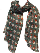 Load image into Gallery viewer, Green Snowman Design Ladies Scarf. Great Christmas Scarf/wrap Lovely Present.