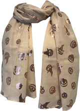 Load image into Gallery viewer, Gold pumpkins and witch design Halloween scarf, great as a present/gift.