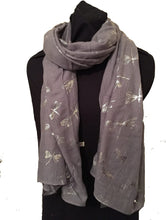 Load image into Gallery viewer, Pamper Yourself Now Dark Grey with Silver Foiled Glitter Dragonfly Design Long Scarf/wrap