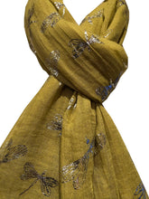 Load image into Gallery viewer, Pamper Yourself Now Mustard with Silver Foiled Glitter Dragonfly Design Long Scarf/wrap