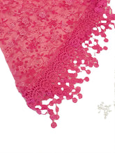 Load image into Gallery viewer, Pamper Yourself Now Fuschia Pink with White Glittery Flower lace Triangle Scarf with lace Trim