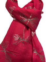 Load image into Gallery viewer, Pamper Yourself Now Fuchsia with Silver Foiled Glitter Dragonfly Design Long Scarf/wrap
