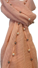 Load image into Gallery viewer, Pamper Yourself Now Peach with Beads and Pearls with Frayed Edge Long Soft Scarf/wrap