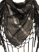 Load image into Gallery viewer, Black with Striped Silver Gypsy Style Triangle Scarf