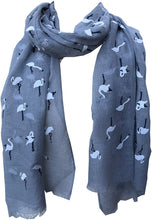 Load image into Gallery viewer, Pamper Yourself Now Grey with White Standing up Flamingo Long Scarf/wrap with Frayed Edge