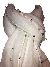Load image into Gallery viewer, Pamper Yourself Now White with Beads and Pearls with Frayed Edge Long Soft Scarf/wrap