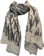 Load image into Gallery viewer, Cream with blue cactus scarf with frayed edge long soft scarf