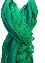 Load image into Gallery viewer, Pamper Yourself Now Bright Green Plain Long Soft Scarf with lace Trim