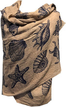 Load image into Gallery viewer, Pamper Yourself Now Beige/Brown with Blue Shells, Star Fish, sea Horse and Fish Under The sea Long Scarf with Frayed Edge.