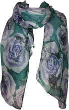 Load image into Gallery viewer, Pamper Yourself Now Green with Cream and Purple Big Roses Design Scarf,Great Present/Gifts.