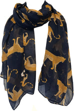 Load image into Gallery viewer, Navy cheetah long soft ladies scarf/wrap. Great present for mum, sister, girlfriend or wife.
