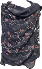 Load image into Gallery viewer, Blue with pink embroidered flowers and leaf design long Scarf/wrap with frayed edge