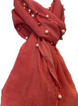 Load image into Gallery viewer, Pamper Yourself Now Coral with Beads and Pearls with Frayed Edge Long Soft Scarf/wrap