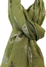 Load image into Gallery viewer, Pamper Yourself Now Green with Silver Foiled Mulberry Tree Design Ladies Scarf/wrap. Great Present for Mum, Sister, Girlfriend or Wife.