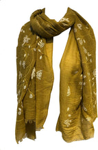 Load image into Gallery viewer, Pamper Yourself Now Mustard with White Embroidered Flowers and Leaf Design Long Scarf/wrap with Frayed Edge