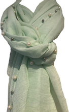 Load image into Gallery viewer, Pamper Yourself Now Mint Green with Beads and Pearls with Frayed Edge Long Soft Scarf/wrap