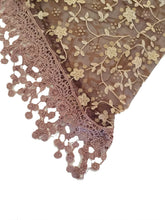 Load image into Gallery viewer, Pamper Yourself Now Brown with White Glittery Flower lace Triangle Scarf with lace Trim