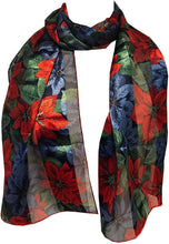Load image into Gallery viewer, Pamper Yourself Now Blue and red Poinsettia Flower Design Scarf Thin Pretty Christmas Scarf