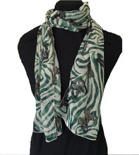Load image into Gallery viewer, Beige with Green Zebra Animal Print with Butterflies Chiffon Style Thin Scarf.