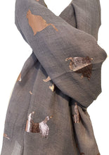 Load image into Gallery viewer, Light grey with gold foiled cats long soft scarf