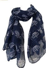 Load image into Gallery viewer, Pamper Yourself Now Blue with White Skull and Crown Design Scarf/wrap