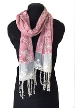 Load image into Gallery viewer, Light pink with black flowers and embroidered white flowers with tassels