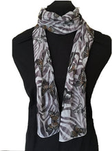 Load image into Gallery viewer, White with Brown Zebra Animal Print with Butterflies Chiffon Style Thin Scarf.