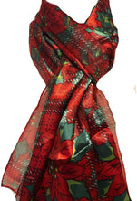 Load image into Gallery viewer, Pamper Yourself Now Red with red and Green Poinsettia Flower Design Scarf Thin Pretty Christmas Scarf