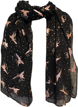 Load image into Gallery viewer, Pamper Yourself Now Black with Gold Fairy Design Long Scarf/wrap