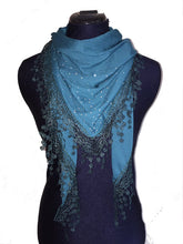 Load image into Gallery viewer, Teal Jersey with sparkle and lace trimmed triangle Scarf Soft Summer Fashion London Fashion Fab Gift