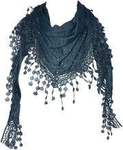 Load image into Gallery viewer, Pamper Yourself Now Teal Jersey with Sparkle and lace Trimmed Triangle Scarf Soft Summer Fashion London Fashion Fab Gift