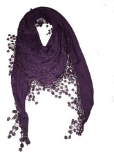 Load image into Gallery viewer, Deep purple Jersey with sparkle and lace trimmed triangle Scarf Soft Summer Fashion London Fashion Fab Gift