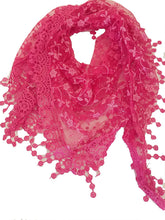 Load image into Gallery viewer, Pamper Yourself Now Fuschia Pink with White Glittery Flower lace Triangle Scarf with lace Trim