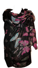 Load image into Gallery viewer, Pamper Yourself Now Black Scarf with Big and Small Butterflies